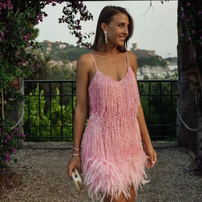 Feather & Sequin Mini Dress | V-Neck Spaghetti Strap Party Dress