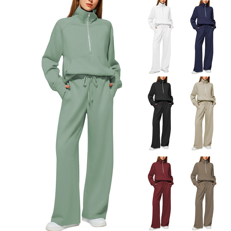 Women's Half-Zip Sweatshirt & Wide Leg Pants Co-ord Set | Casual Sporty Two-Piece Outfit