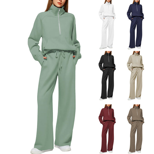 Women's Half-Zip Sweatshirt & Wide Leg Pants Co-ord Set | Casual Sporty Two-Piece Outfit