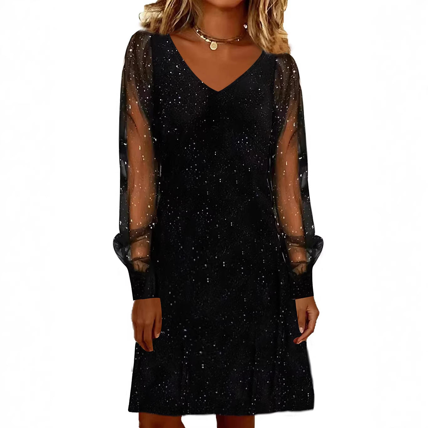 Women’s V-Neck Mesh Sleeve Sparkly Party Dress | Elegant Long Sleeve Evening & Cocktail Dress (S–XXL)