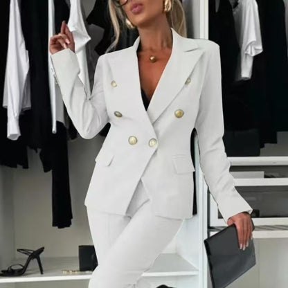 Women's Double-Breasted Blazer & Zip-Up Trousers Suit Set | Slim Lapel Smart-Casual Co-ord