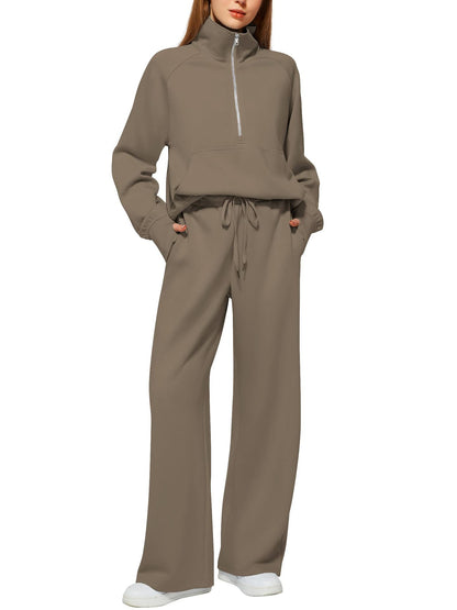 Women's Half-Zip Sweatshirt & Wide Leg Pants Co-ord Set | Casual Sporty Two-Piece Outfit