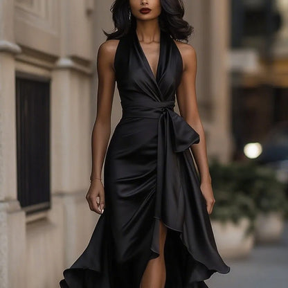 Women's Elegant Deep V-Neck Asymmetric Ruffle Satin Dress | Lace-Up High Waist Party & Wedding Guest Gown