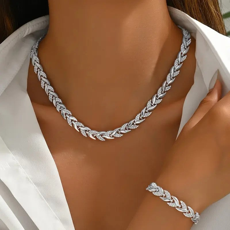 Women's Glass Leaf Necklace & Bracelet Set | Elegant Rhinestone Chain Jewellery Set