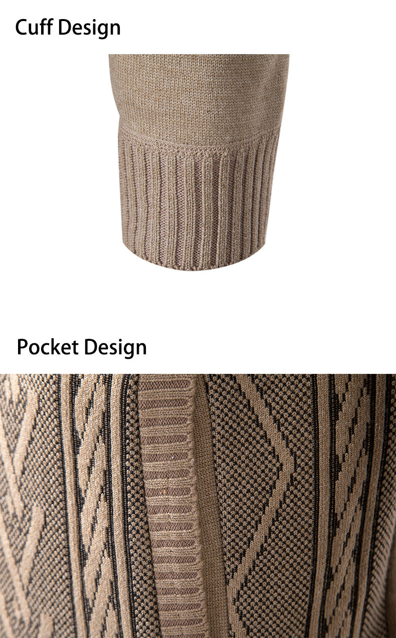 Men's Jacquard Zip-Up Knitted Cardigan | Stand Collar Loose Fit Sweater Top