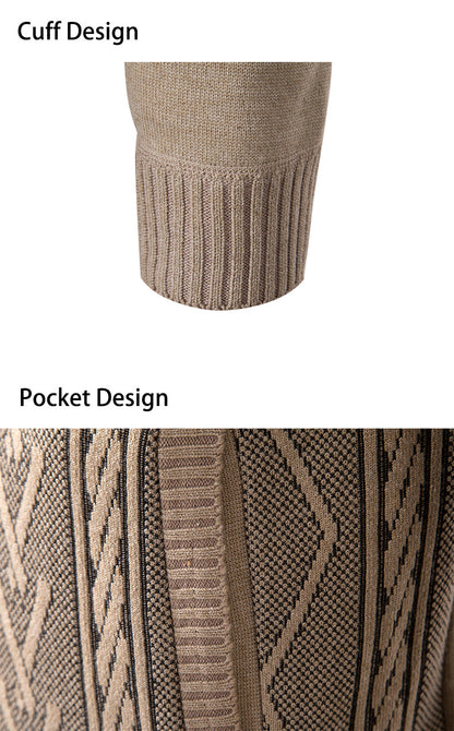 Men's Jacquard Zip-Up Knitted Cardigan | Stand Collar Loose Fit Sweater Top