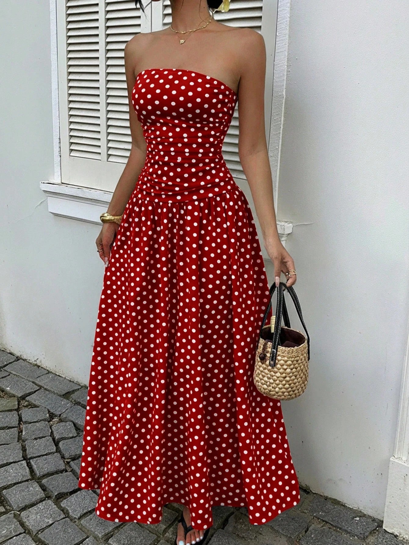 Women’s Off Shoulder Polka Dot A-Line Dress Waist Cinched Sleeveless Party Midi Dress