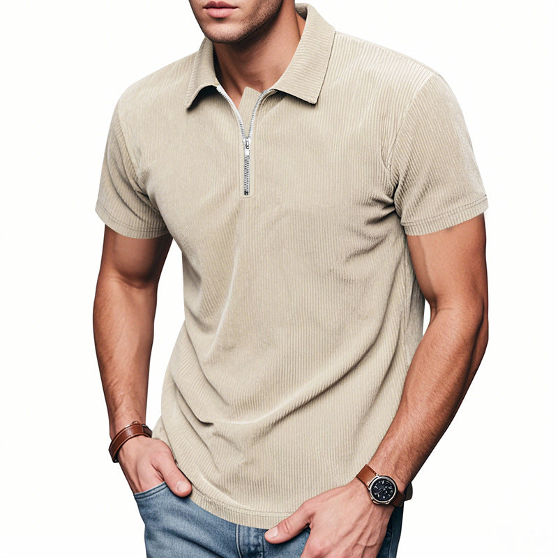 Men’s Loose Fit Corduroy Half-Zip Polo Short Sleeve T-Shirt – Casual Pullover Streetwear Top (S–XXXL)