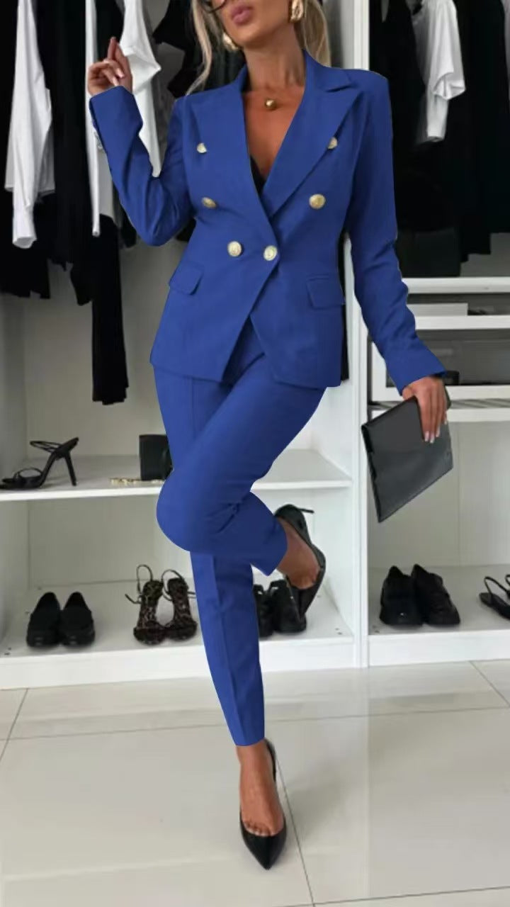 Women's Double-Breasted Blazer & Zip-Up Trousers Suit Set | Slim Lapel Smart-Casual Co-ord